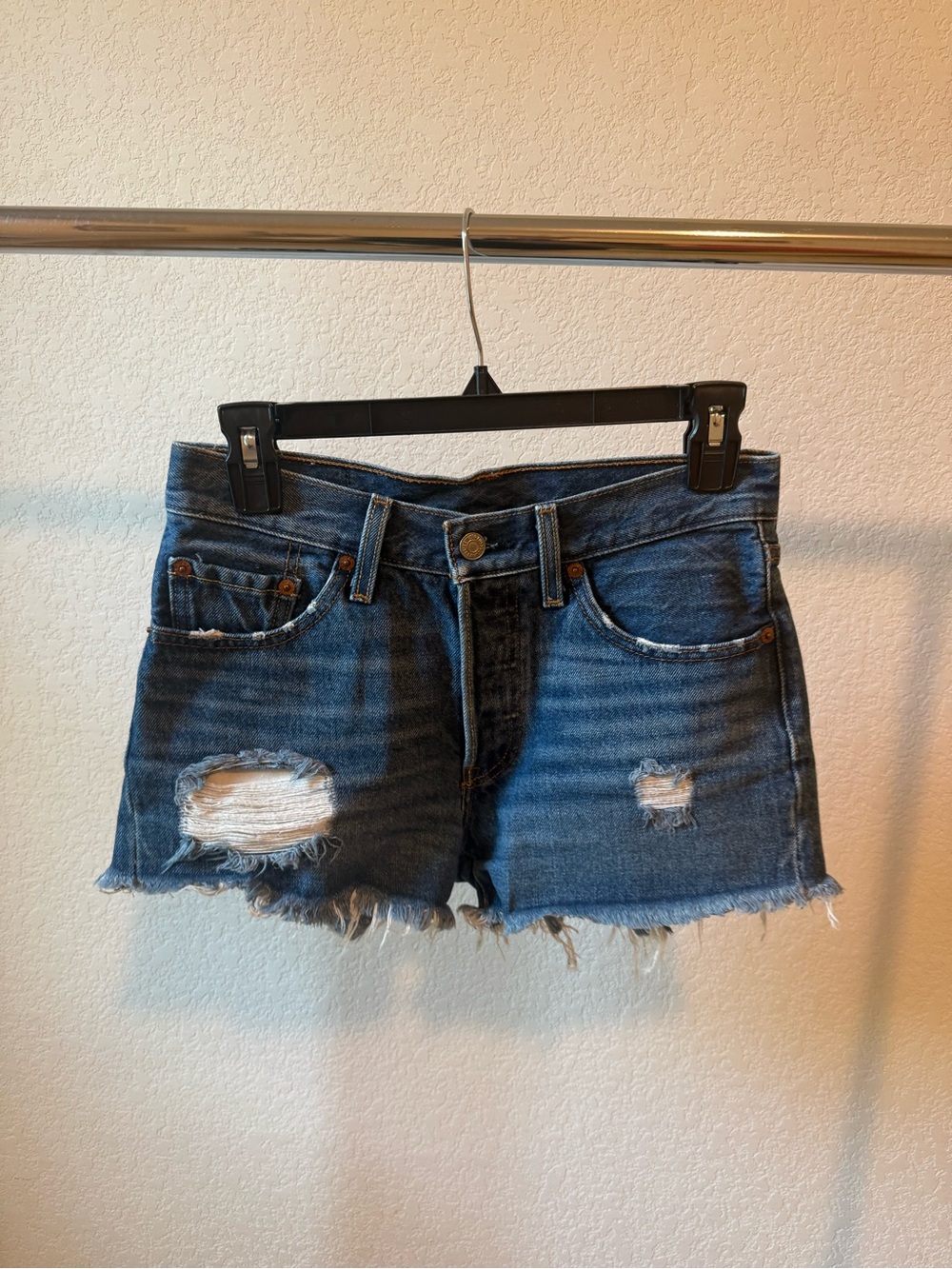 Levi's Dark Blue Distressed Denim Jean Shorts
